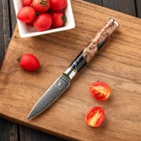 "ONYX" Schälmesser Damastmesser mit 67 Lagen 8,5 cm lange Klinge Griff aus Ahorn-Wurzelholz mit Verbundharz