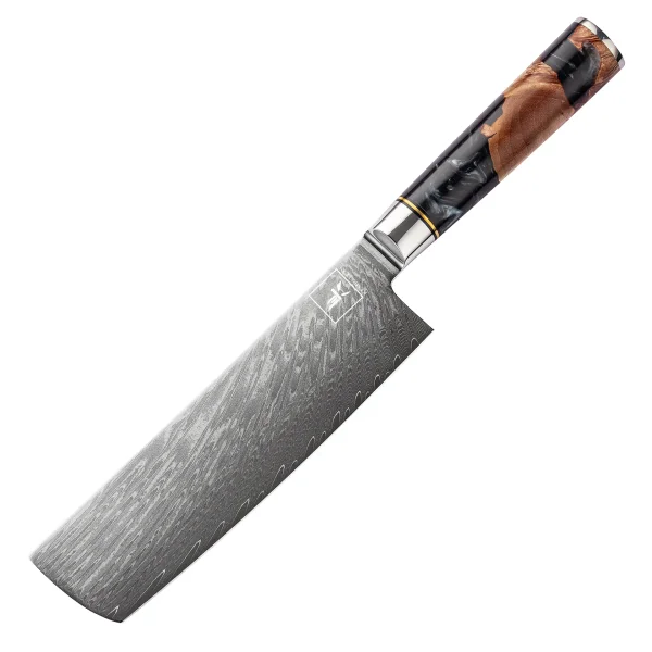 "ONYX" Nakiri Gemüsemesser Damastmesser mit 67 Lagen 17,7 cm lange Klinge Griff aus Ahorn-Wurzelholz mit Verbundharz