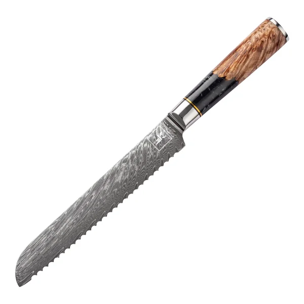 "ONYX" Brotmesser Damastmesser mit 67 Lagen 19,0 cm lange Klinge Griff aus Ahorn-Wurzelholz mit Verbundharz