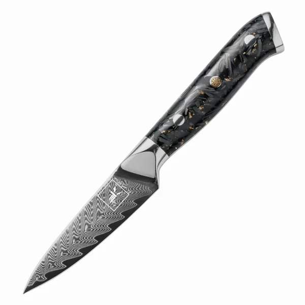 "OBSIDIAN" Schälmesser Damastmesser mit 67 Lagen 9,0 cm lange Klinge Griff aus Kohlefaser