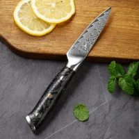 "OBSIDIAN" Schälmesser Damastmesser mit 67 Lagen 9,0 cm lange Klinge Griff aus Kohlefaser