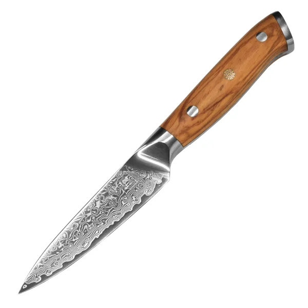 Schälmesser CAELUM Damastmesser mit 67 Lagen 9,7 cm lange Klinge Griff aus Olivenholz