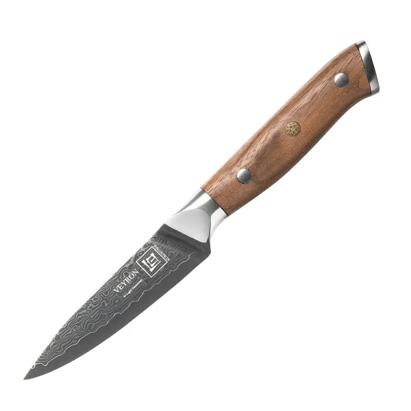 Schälmesser VEYRON Damastmesser mit 67 Lagen 9,7 cm lange Klinge Griff aus Walnussholz